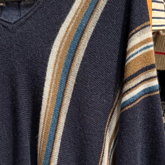 360 Cashmere V-Neck Sweater Cape with Navy and Tan Stripes - Picture 3 of 4